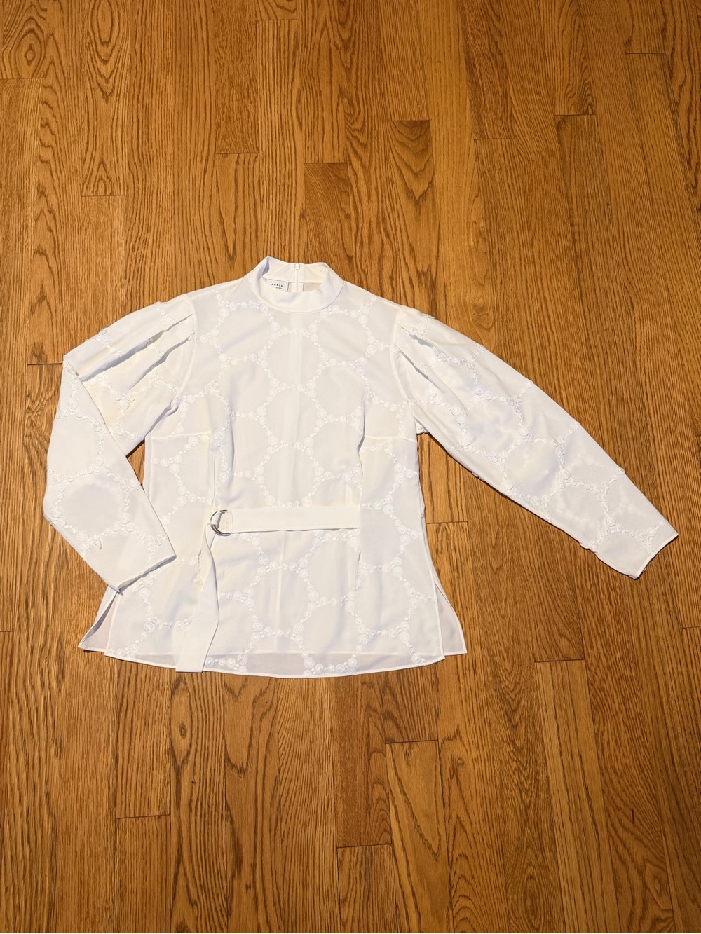 Akris Punto White Eyelet Belted High-Neck Long-Sleeve Blouse **